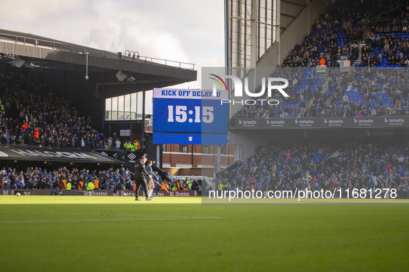 A general view of the Ipswich Town game is delayed by fifteen minutes before the Premier League match between Ipswich Town and Everton at Po...