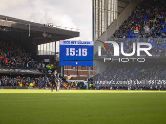 A general view of the Ipswich Town game is delayed by fifteen minutes before the Premier League match between Ipswich Town and Everton at Po...