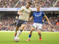 Liam Delap of Ipswich Town puts pressure on James Tarkowski of Everton during the Premier League match between Ipswich Town and Everton at P...