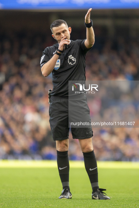 Referee Michael Oliver is seen during the Premier League match between Ipswich Town and Everton at Portman Road in Ipswich, England, on Octo...