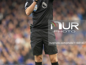 Referee Michael Oliver is seen during the Premier League match between Ipswich Town and Everton at Portman Road in Ipswich, England, on Octo...