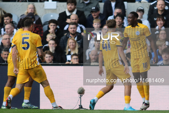 Danny Welbeck celebrates Brighton and Hove Albion's opening goal during the Premier League match between Newcastle United and Brighton and H...