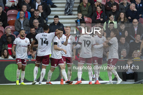 Anis Mehmeti celebrates after scoring the opening goal during the Sky Bet Championship match between Middlesbrough and Bristol City at the R...