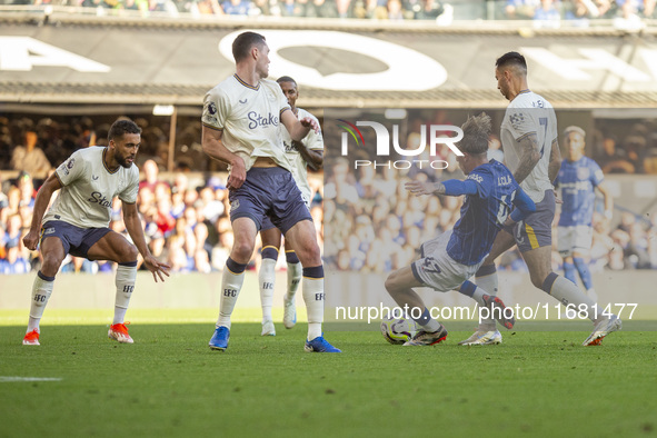 Dwight McNeil of Everton brings down Jack Clarke of Ipswich Town within the penalty box during the Premier League match between Ipswich Town...