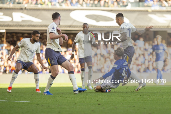 Dwight McNeil of Everton brings down Jack Clarke of Ipswich Town within the penalty box during the Premier League match between Ipswich Town...