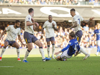 Dwight McNeil of Everton brings down Jack Clarke of Ipswich Town within the penalty box during the Premier League match between Ipswich Town...