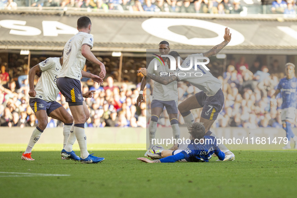 Dwight McNeil of Everton brings down Jack Clarke of Ipswich Town within the penalty box during the Premier League match between Ipswich Town...