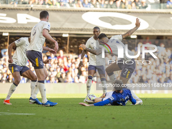 Dwight McNeil of Everton brings down Jack Clarke of Ipswich Town within the penalty box during the Premier League match between Ipswich Town...