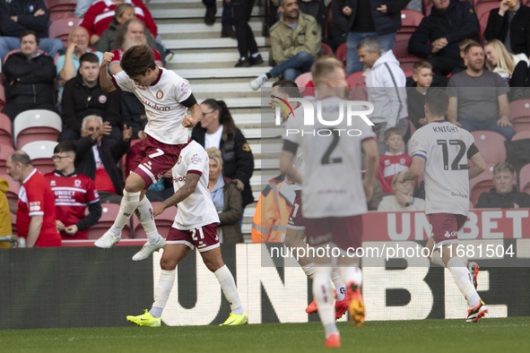 Yu Hirakawa of Bristol City scores his team's second goal and celebrates during the Sky Bet Championship match between Middlesbrough and Bri...