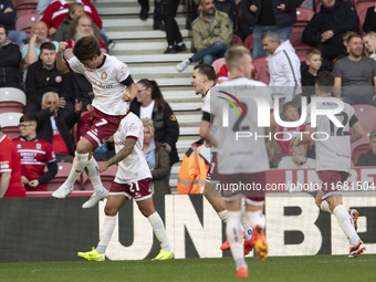 Yu Hirakawa of Bristol City scores his team's second goal and celebrates during the Sky Bet Championship match between Middlesbrough and Bri...