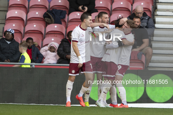 Yu Hirakawa of Bristol City scores his team's second goal and celebrates during the Sky Bet Championship match between Middlesbrough and Bri...