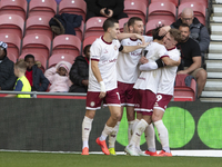 Yu Hirakawa of Bristol City scores his team's second goal and celebrates during the Sky Bet Championship match between Middlesbrough and Bri...