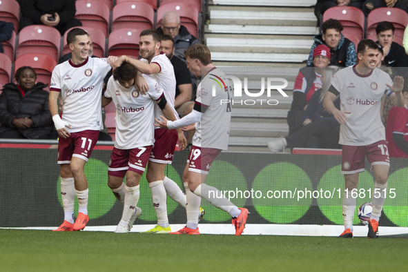 Yu Hirakawa of Bristol City scores his team's second goal and celebrates during the Sky Bet Championship match between Middlesbrough and Bri...