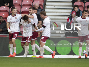 Yu Hirakawa of Bristol City scores his team's second goal and celebrates during the Sky Bet Championship match between Middlesbrough and Bri...