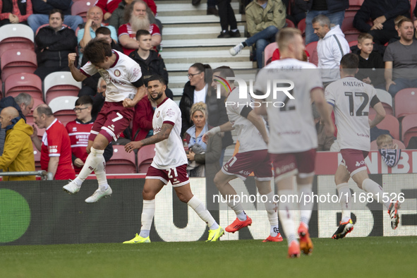 Yu Hirakawa of Bristol City scores his team's second goal and celebrates during the Sky Bet Championship match between Middlesbrough and Bri...