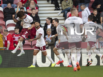 Yu Hirakawa of Bristol City scores his team's second goal and celebrates during the Sky Bet Championship match between Middlesbrough and Bri...