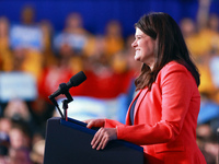 Waterford, MICHIGAN - OCTOBER 18:  Congresswoman Haley Stevens of the 11th district in Michigan speaks on the stage prior to US Vice Preside...