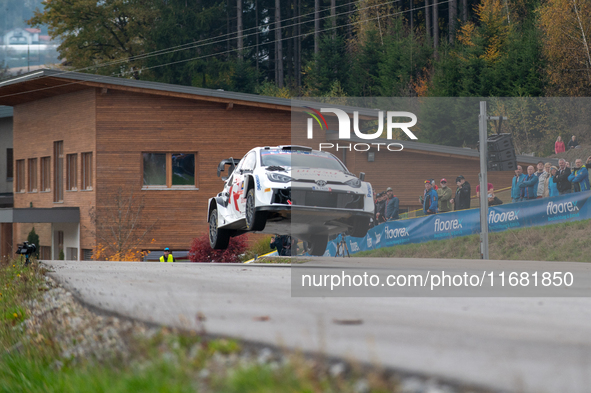 Sami Pajari and Enni Malkonen from Finland drive a Toyota GR Yaris Rally1 Hybrid for the Toyota Gazoo Racing WRT team during the WRC Central...