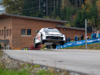 Sami Pajari and Enni Malkonen from Finland drive a Toyota GR Yaris Rally1 Hybrid for the Toyota Gazoo Racing WRT team during the WRC Central...