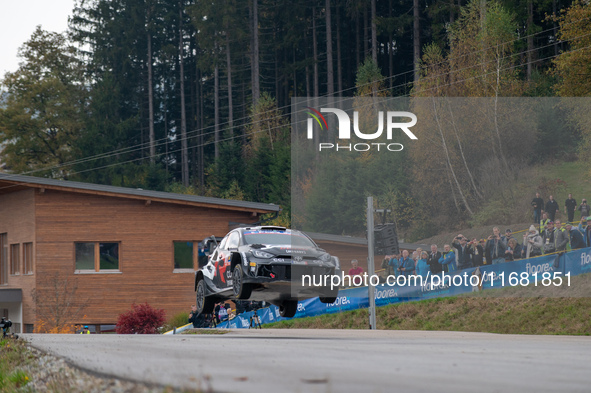 Takamoto Katsuta from Japan and Aaron Johnston from Ireland drive a Toyota GR Yaris Rally1 Hybrid for the Toyota Gazoo Racing WRT team durin...