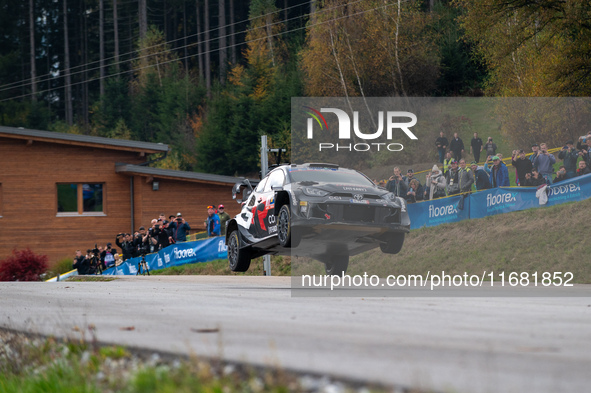 Takamoto Katsuta from Japan and Aaron Johnston from Ireland drive a Toyota GR Yaris Rally1 Hybrid for the Toyota Gazoo Racing WRT team durin...