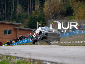 Takamoto Katsuta from Japan and Aaron Johnston from Ireland drive a Toyota GR Yaris Rally1 Hybrid for the Toyota Gazoo Racing WRT team durin...