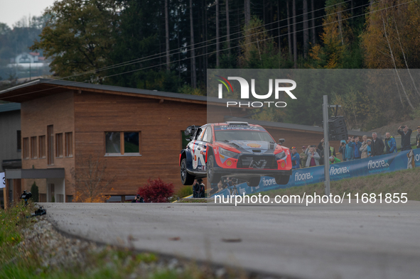 Ott Tanak and Martin Jarveoja from Estonia drive a Hyundai i20 N Rally1 Hybrid for the Hyundai Shell Mobis World Rally Team during the WRC C...