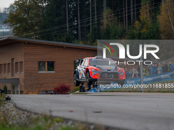 Ott Tanak and Martin Jarveoja from Estonia drive a Hyundai i20 N Rally1 Hybrid for the Hyundai Shell Mobis World Rally Team during the WRC C...