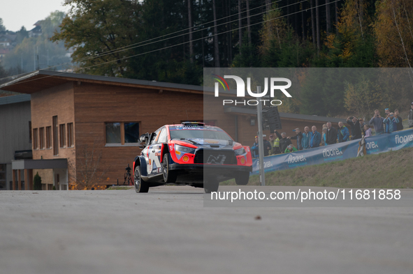 Thierry Neuville and Martijn Wydaeghe from Belgium drive a Hyundai i20 N Rally1 Hybrid for the Hyundai Shell Mobis World Rally Team during t...