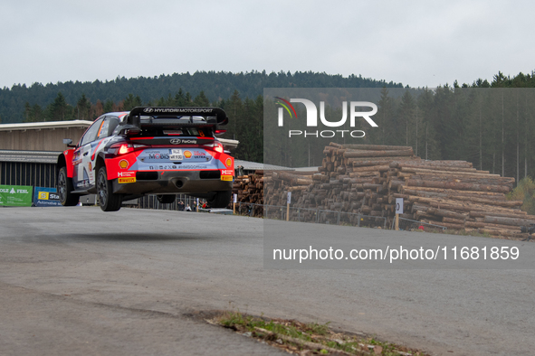 Ott Tanak and Martin Jarveoja from Estonia drive a Hyundai i20 N Rally1 Hybrid for the Hyundai Shell Mobis World Rally Team during the WRC C...