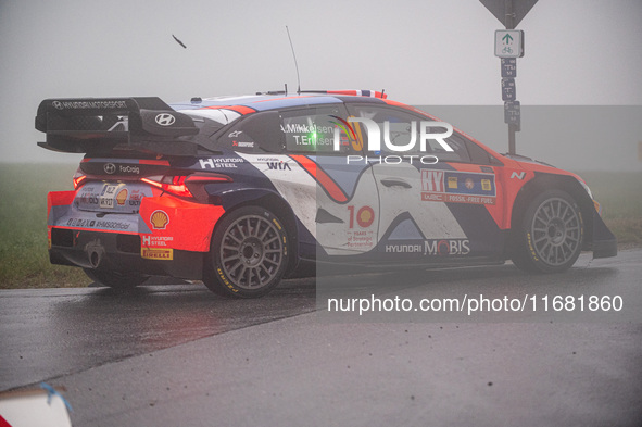 Andreas Mikkelsen and Torstein Eriksen from Norway drive a Hyundai i20 N Rally1 Hybrid for the Hyundai Shell Mobis World Rally Team during t...