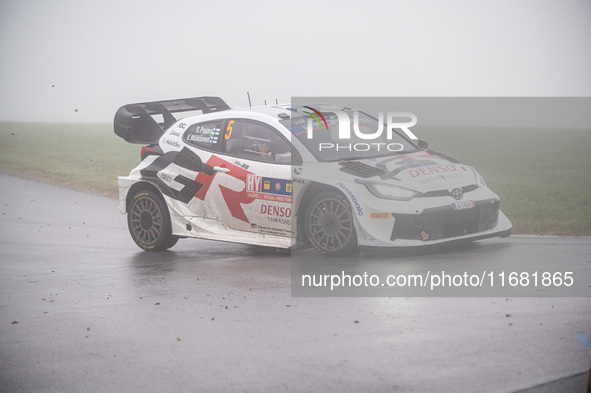 Sami Pajari and Enni Malkonen from Finland drive a Toyota GR Yaris Rally1 Hybrid for the Toyota Gazoo Racing WRT team during the WRC Central...