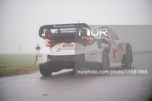 Sami Pajari and Enni Malkonen from Finland drive a Toyota GR Yaris Rally1 Hybrid for the Toyota Gazoo Racing WRT team during the WRC Central...