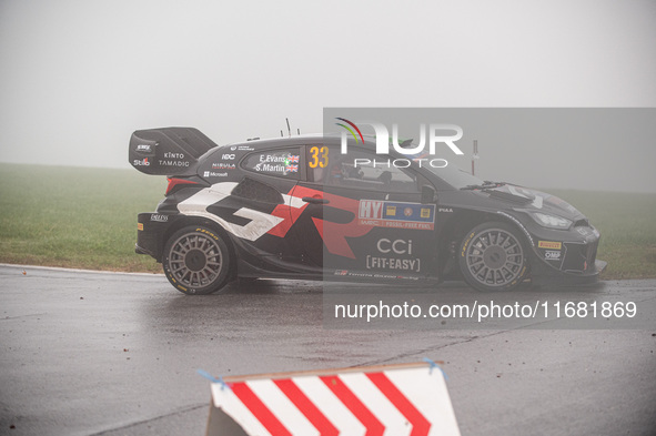 Elfyn Evans and Scott Martin from Great Britain drive a Toyota GR Yaris Rally1 Hybrid for the Toyota Gazoo Racing WRT team during the WRC Ce...