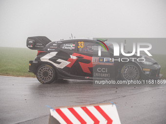 Elfyn Evans and Scott Martin from Great Britain drive a Toyota GR Yaris Rally1 Hybrid for the Toyota Gazoo Racing WRT team during the WRC Ce...