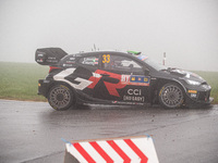 Elfyn Evans and Scott Martin from Great Britain drive a Toyota GR Yaris Rally1 Hybrid for the Toyota Gazoo Racing WRT team during the WRC Ce...