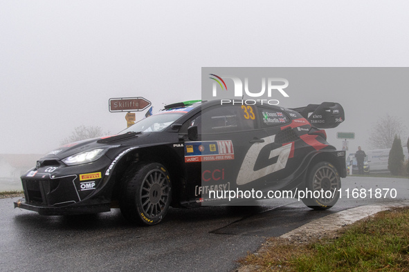 Elfyn Evans and Scott Martin from Great Britain drive a Toyota GR Yaris Rally1 Hybrid for the Toyota Gazoo Racing WRT team during the WRC Ce...