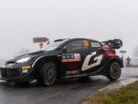 Elfyn Evans and Scott Martin from Great Britain drive a Toyota GR Yaris Rally1 Hybrid for the Toyota Gazoo Racing WRT team during the WRC Ce...