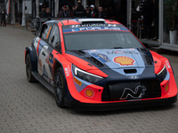 Ott Tanak and Martin Jarveoja from Estonia are in a Hyundai i20 N Rally1 Hybrid of the Hyundai Shell Mobis World Rally Team in a service par...