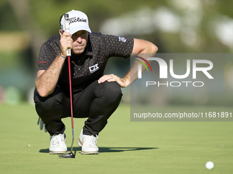 Julien Guerrier of France studies his shot on the 15th green on the third day of the Estrella Damm N.A. Andalucia Masters 2024 at Real Club...