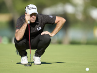 Julien Guerrier of France studies his shot on the 15th green on the third day of the Estrella Damm N.A. Andalucia Masters 2024 at Real Club...