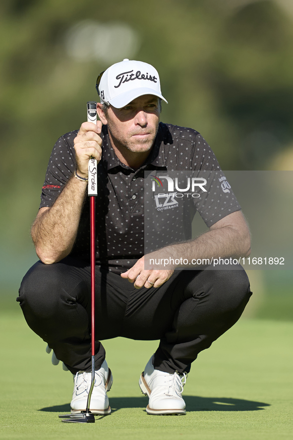 Julien Guerrier of France studies his shot on the 15th green on the third day of the Estrella Damm N.A. Andalucia Masters 2024 at Real Club...