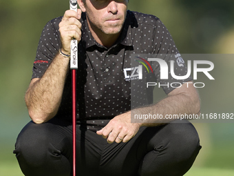 Julien Guerrier of France studies his shot on the 15th green on the third day of the Estrella Damm N.A. Andalucia Masters 2024 at Real Club...