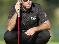 Julien Guerrier of France studies his shot on the 15th green on the third day of the Estrella Damm N.A. Andalucia Masters 2024 at Real Club...