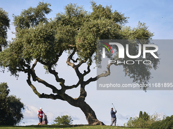 Jon Rahm of Spain plays his second shot on the 15th hole on the third day of the Estrella Damm N.A. Andalucia Masters 2024 at Real Club de G...