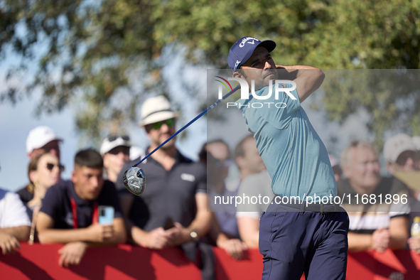 Fabrizio Zanotti of Paraguay tees off on the 15th hole on the third day of the Estrella Damm N.A. Andalucia Masters 2024 at Real Club de Gol...