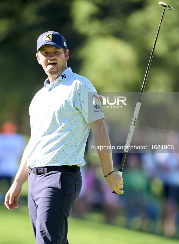 Bernd Wiesberger of Austria reacts on the 14th green on the third day of the Estrella Damm N.A. Andalucia Masters 2024 at Real Club de Golf...