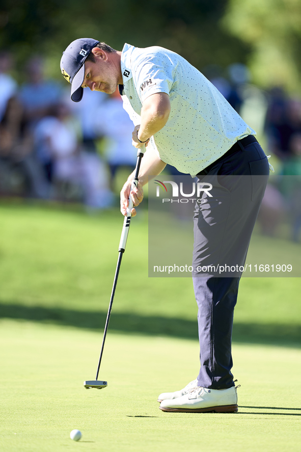 Bernd Wiesberger of Austria plays a shot on the 14th green on the third day of the Estrella Damm N.A. Andalucia Masters 2024 at Real Club de...