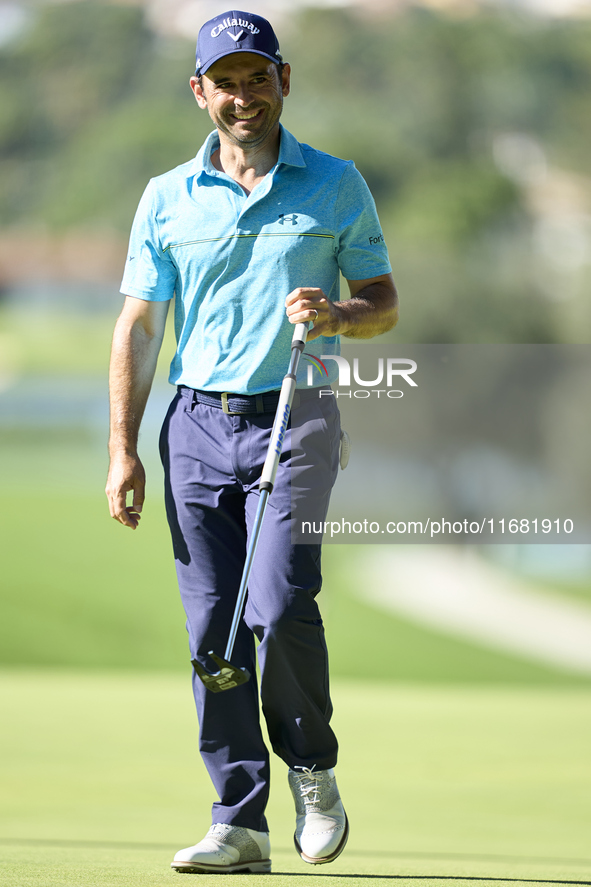 Fabrizio Zanotti of Paraguay celebrates on the 14th green on the third day of the Estrella Damm N.A. Andalucia Masters 2024 at Real Club de...