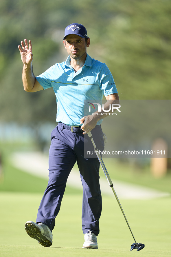 Fabrizio Zanotti of Paraguay celebrates on the 14th green on the third day of the Estrella Damm N.A. Andalucia Masters 2024 at Real Club de...